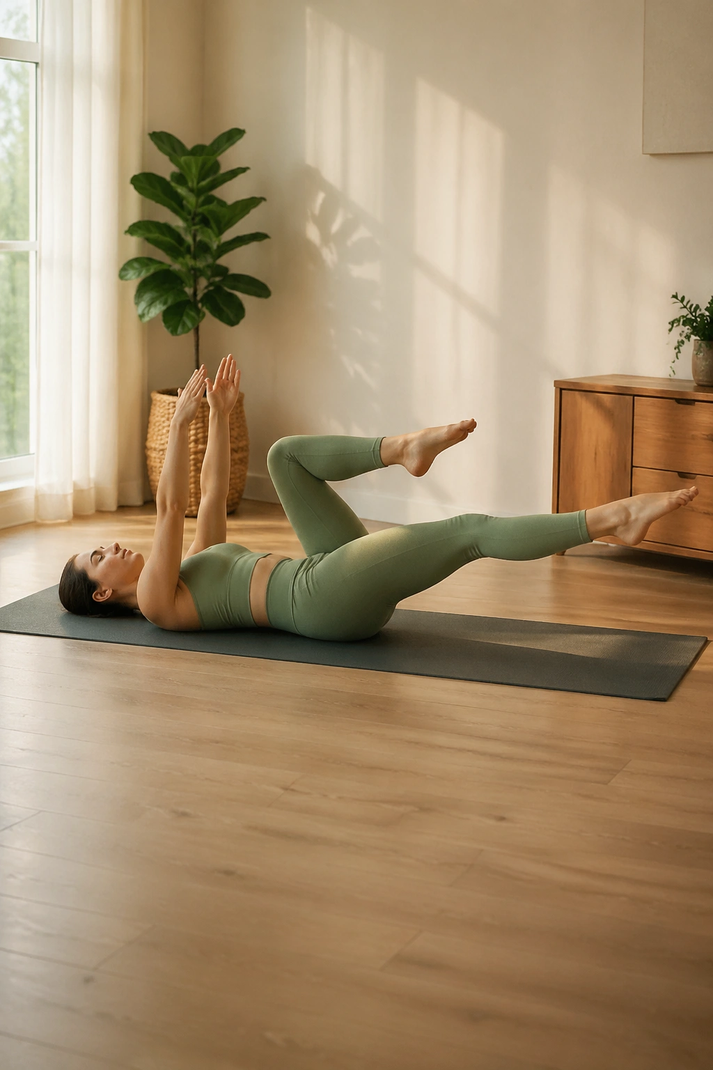 Real person performing single-leg stretch to dead bug flow in a sunlit living room