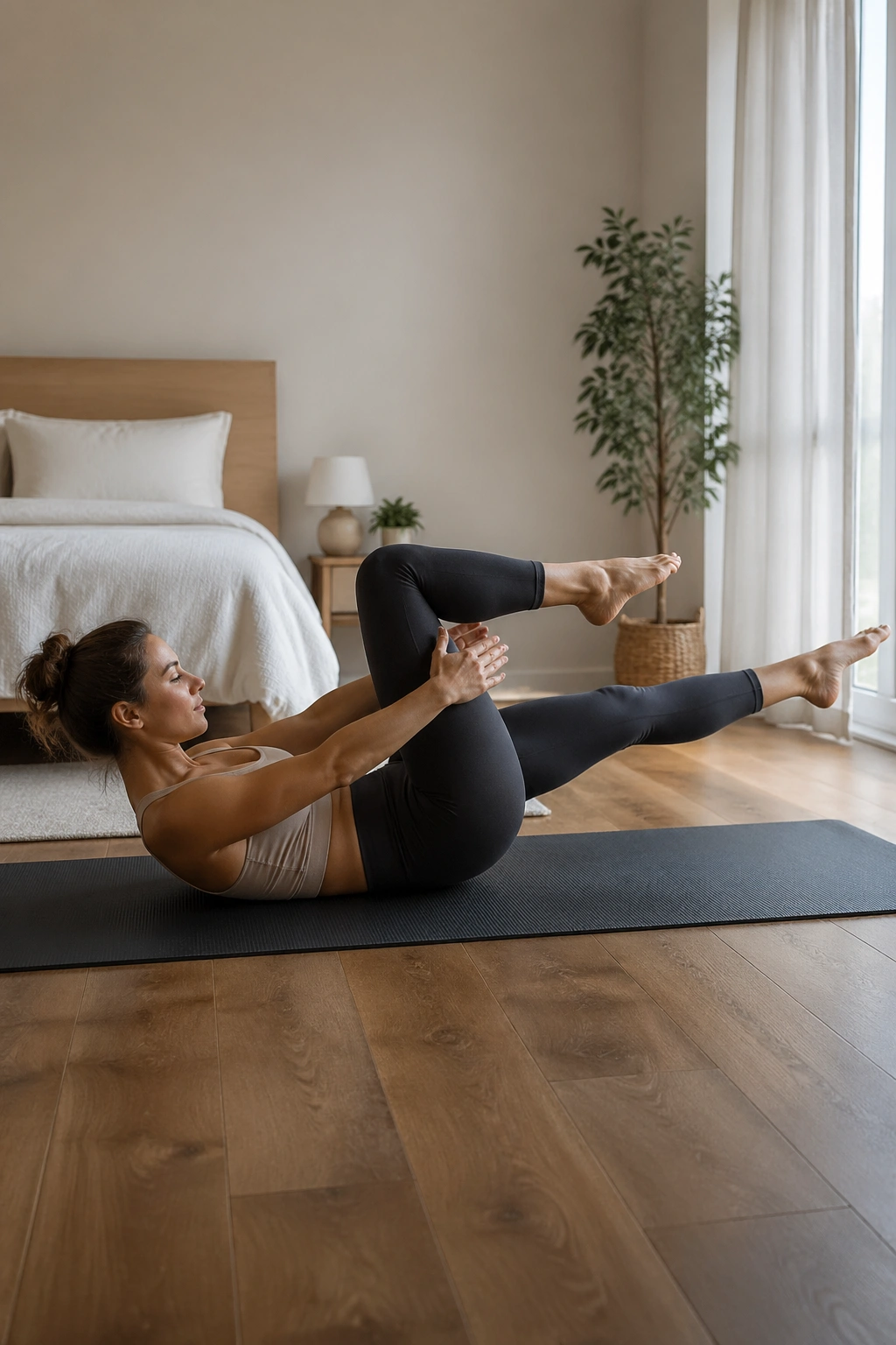 Torso and legs in motion performing single-leg stretch leg ladder