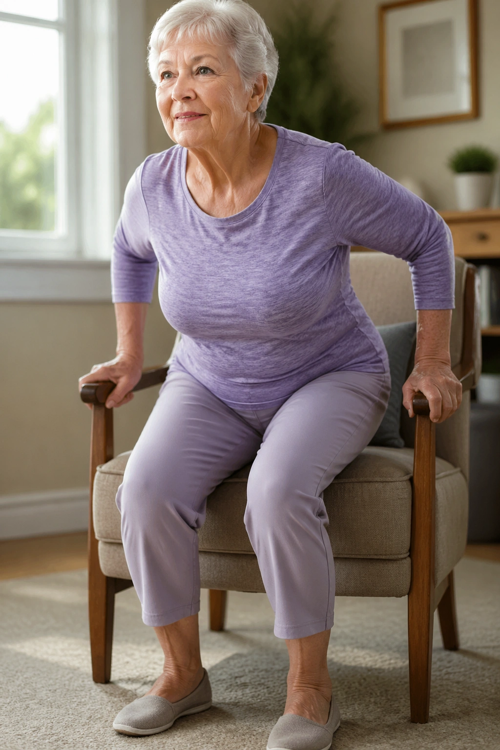 Senior performing sit-to-stand exercise from chair in a cozy living room