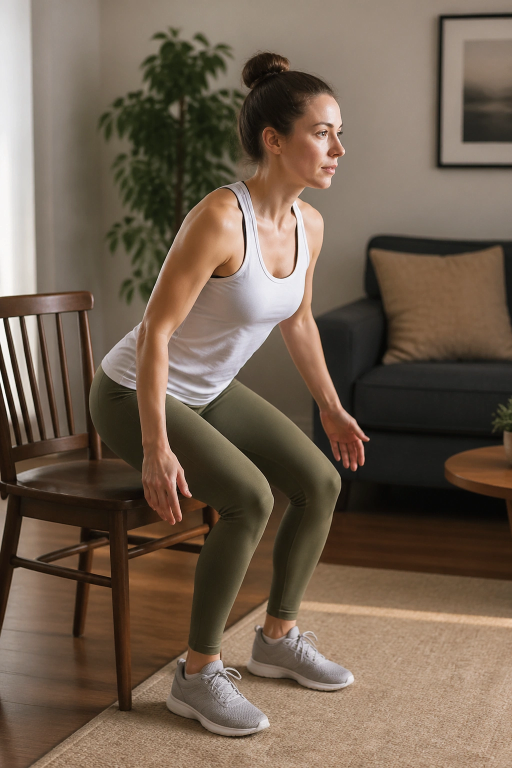 Sit-to-stand from chair exercise focusing on hip hinge and leg strength.