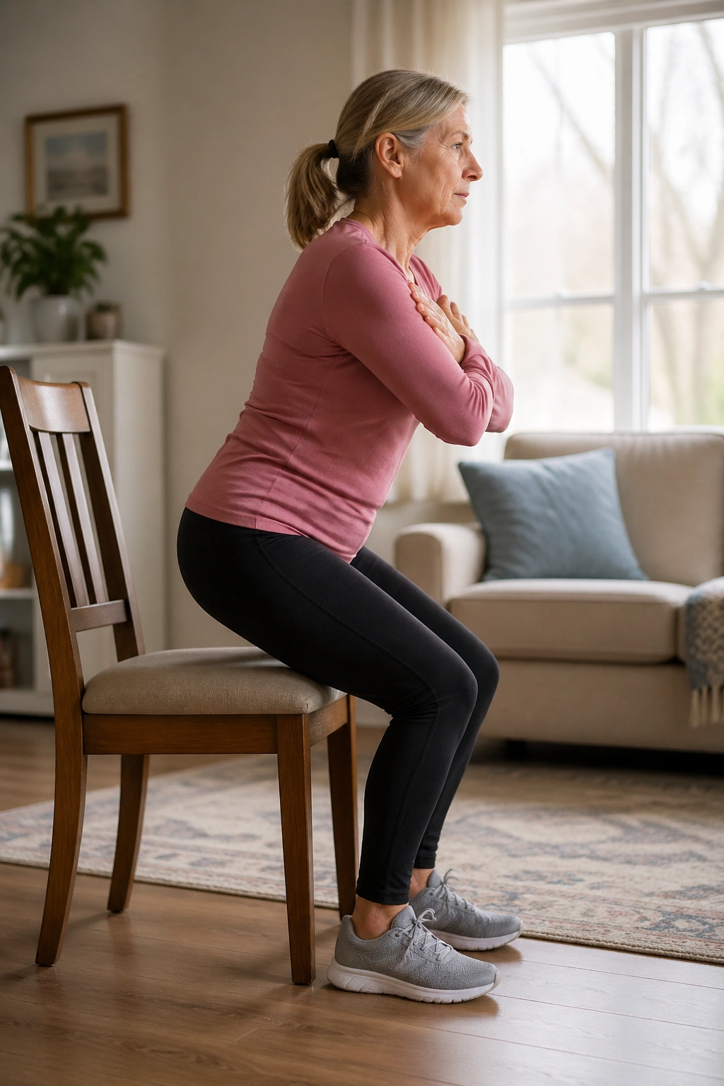 Older woman performing sit-to-stand from chair in a cozy home setting
