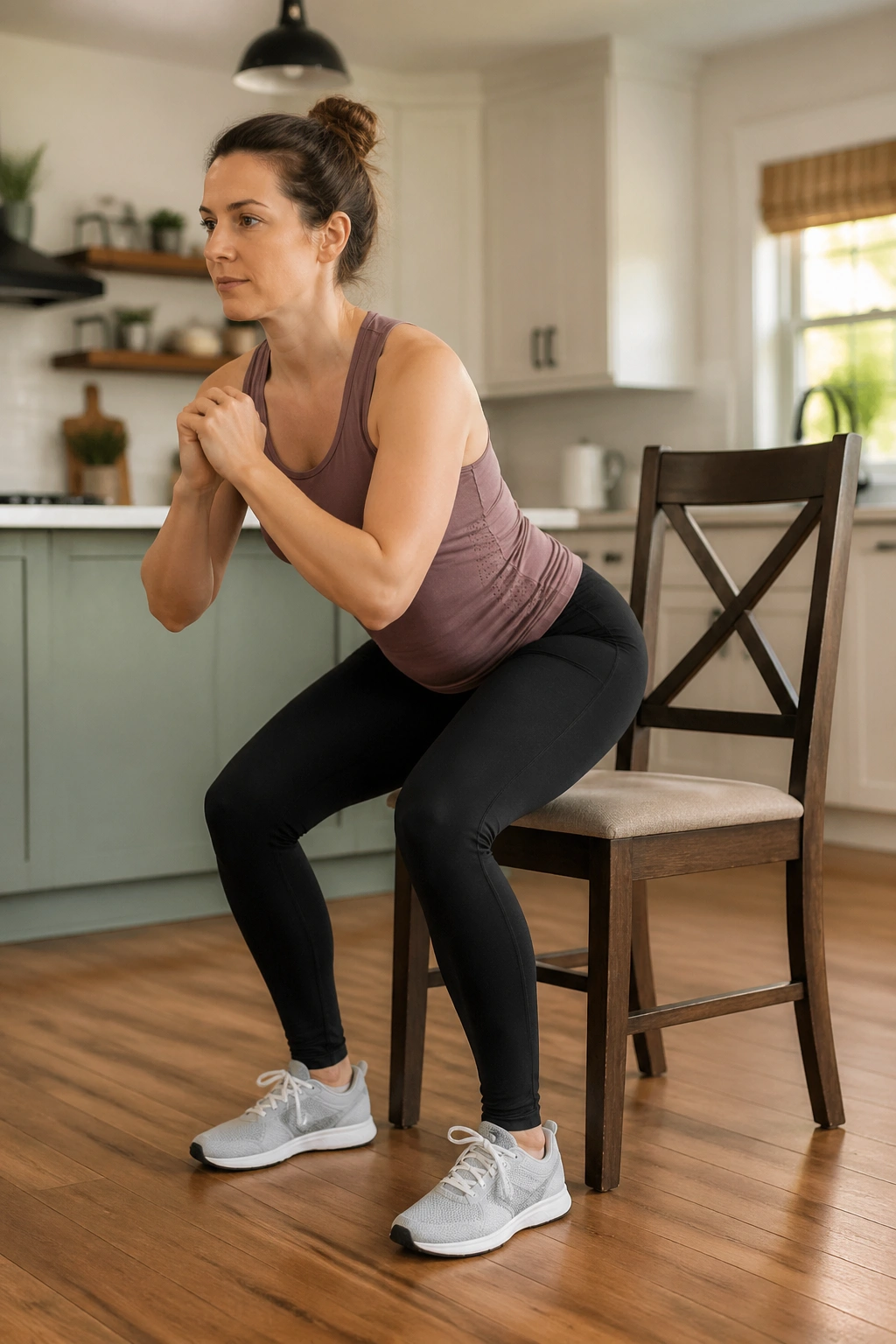 Person performing sit-to-stand from a chair, leaning forward, ready to stand