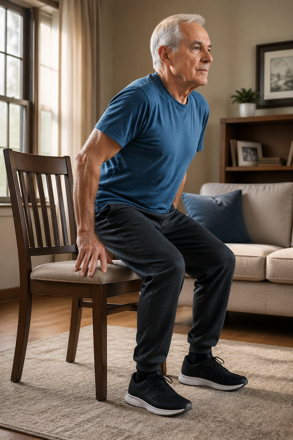 Close-up of sit-to-stand exercise with chair in a living room for hip recovery