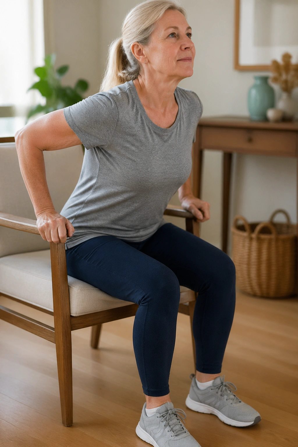 Real person practicing sit-to-stand from a chair to rebuild strength after surgery