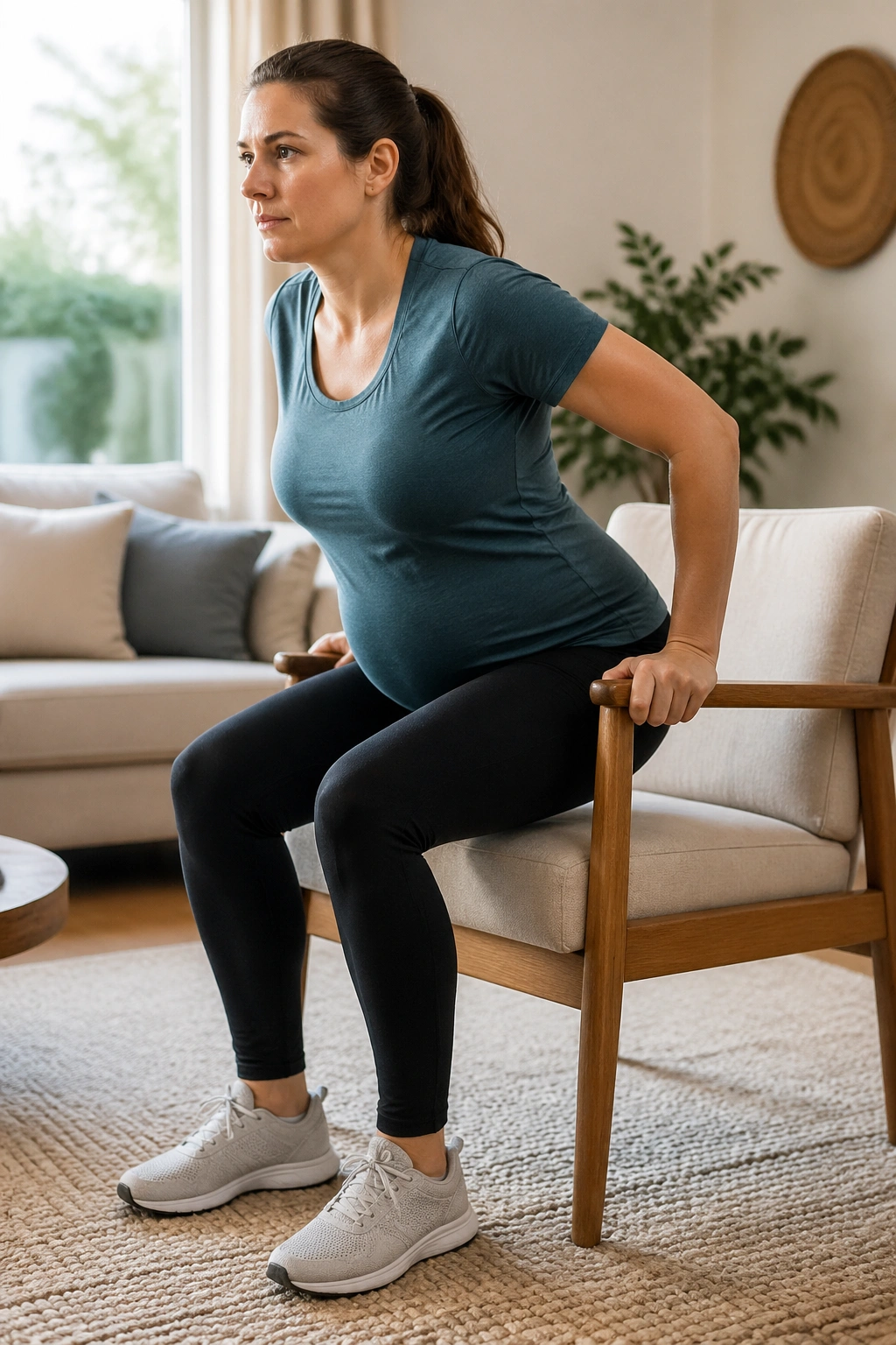 Medium shot of a real person rising from a chair using legs with support.