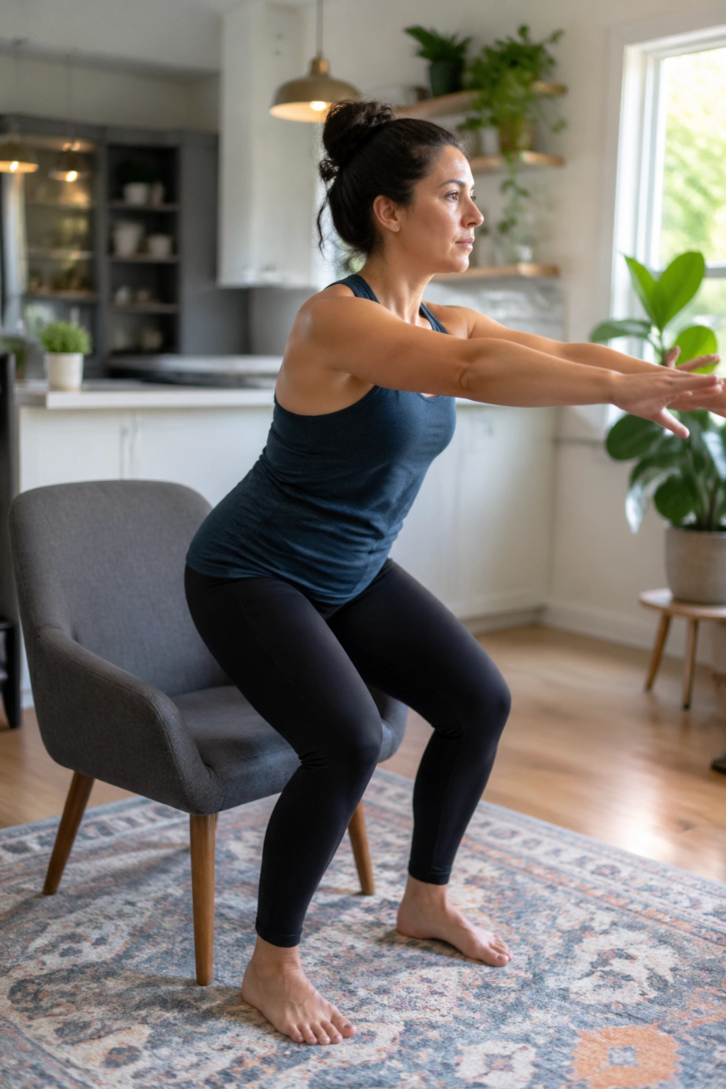 Side-view of a postpartum woman performing sit-to-stand with exhale from a chair.