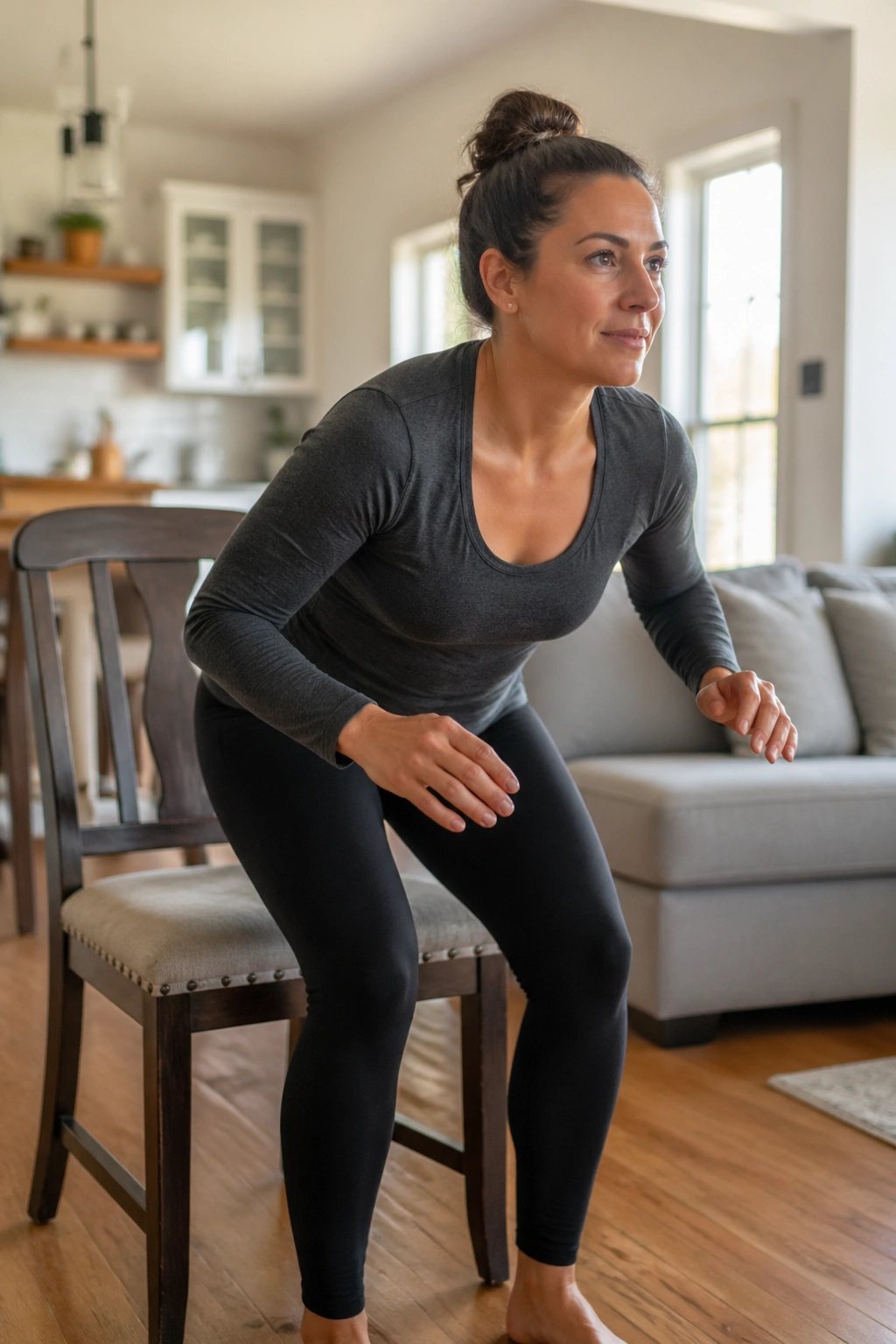Medium shot of a real person performing sit-to-stand from a chair in a cozy home