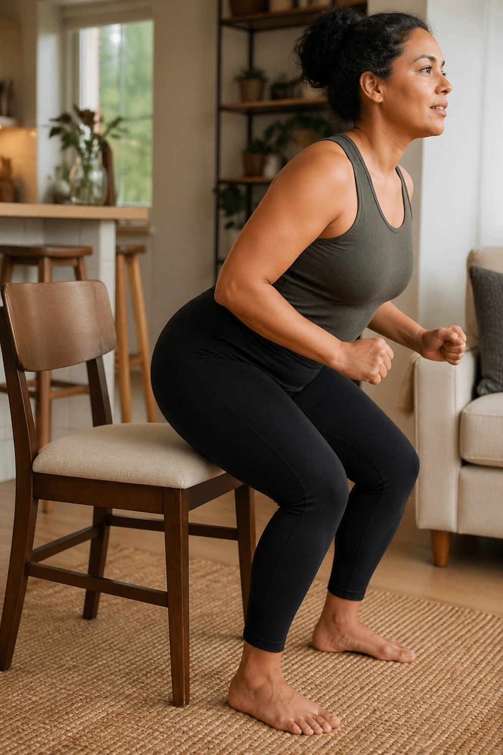 Postpartum sit-to-stand from chair focusing on exhale and leg drive
