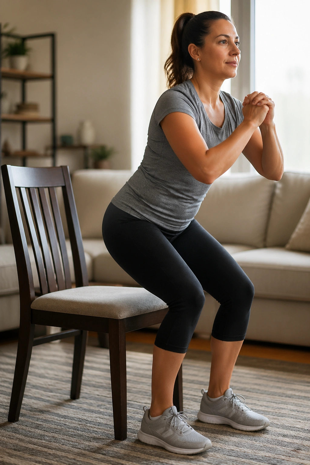 Real person performing sit-to-stand squats from a chair with controlled form.