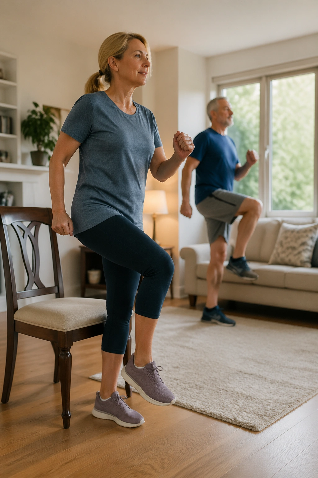 Real person doing sit-to-stands and marching in a home setting
