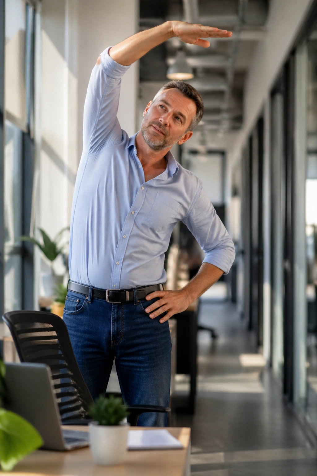 Medium close-up of a person performing a standing stretch in an office hallway