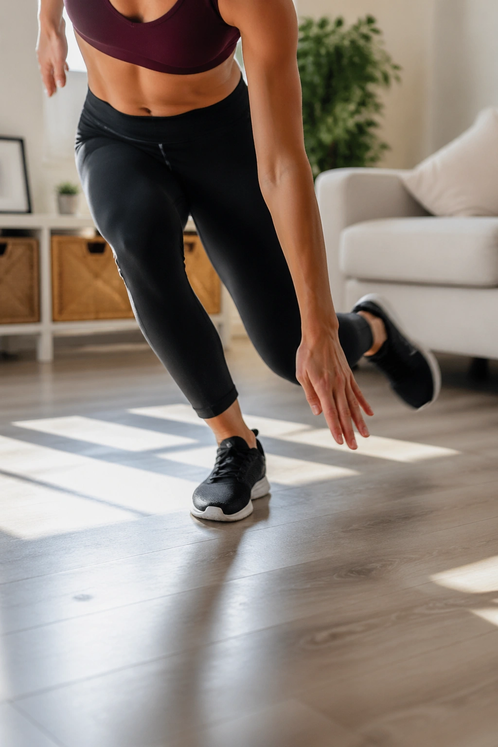 Skater hop floor touch in a bright living room