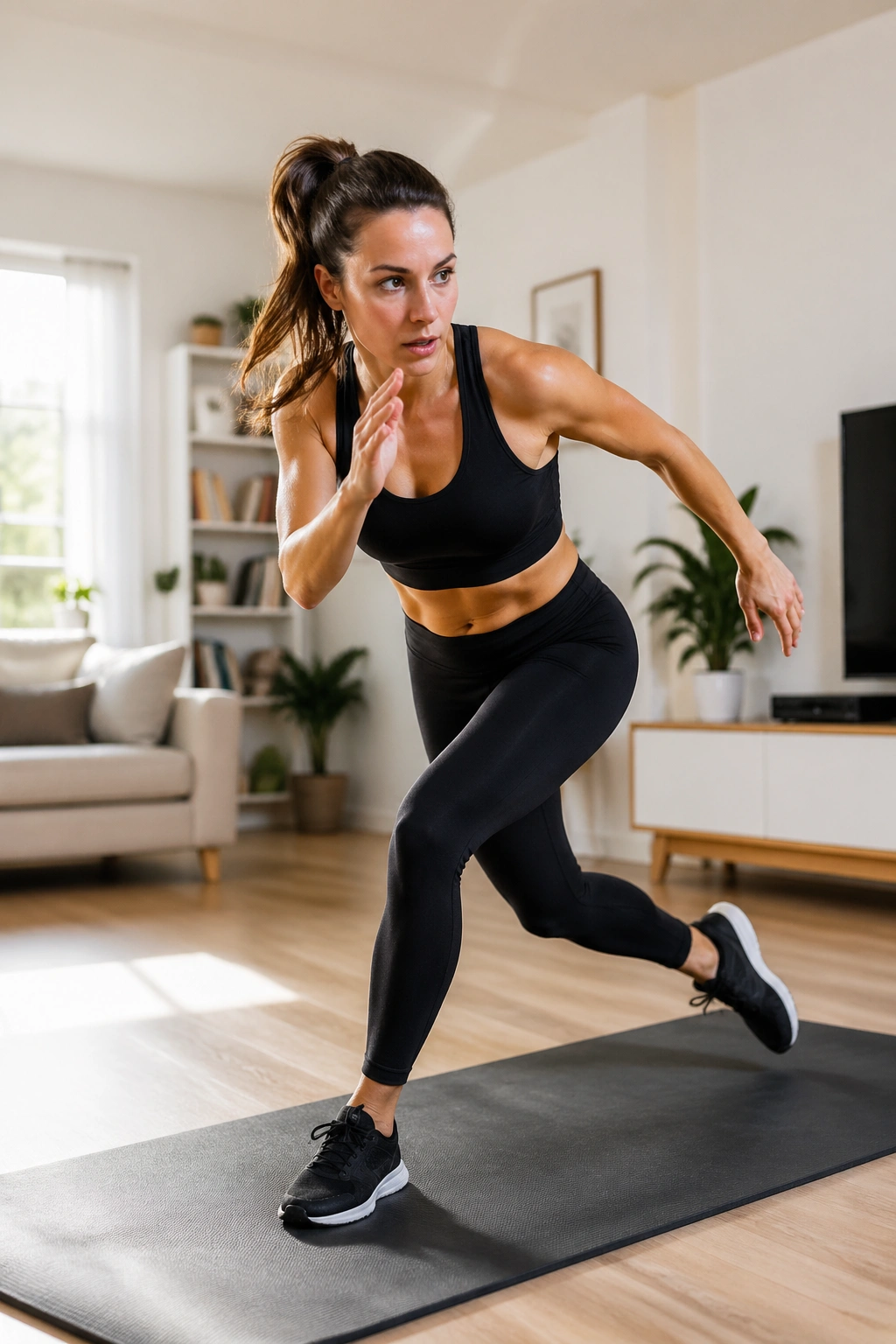 Person performing skater hops in a bright living room