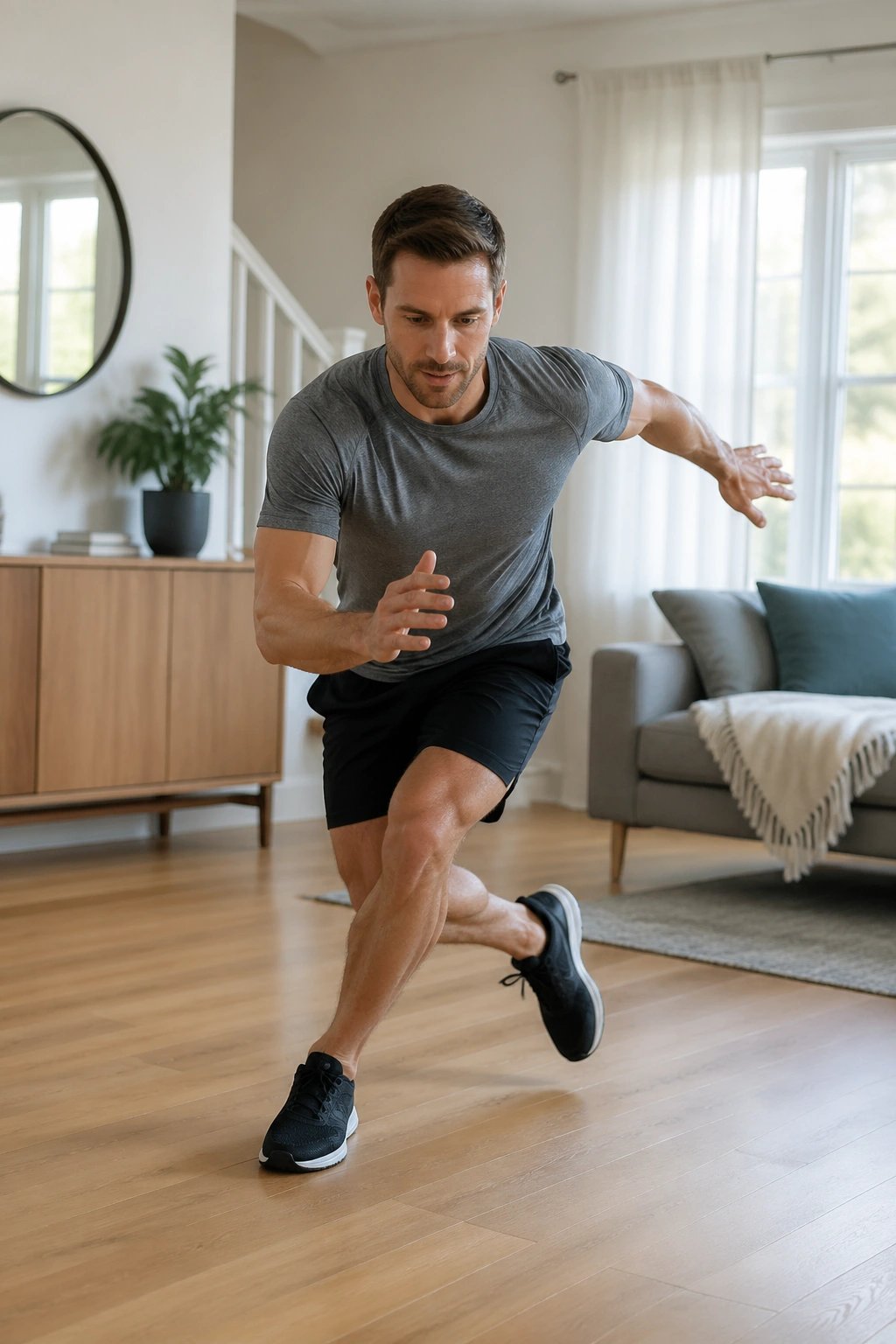 Person performing skater hops in a bright living room