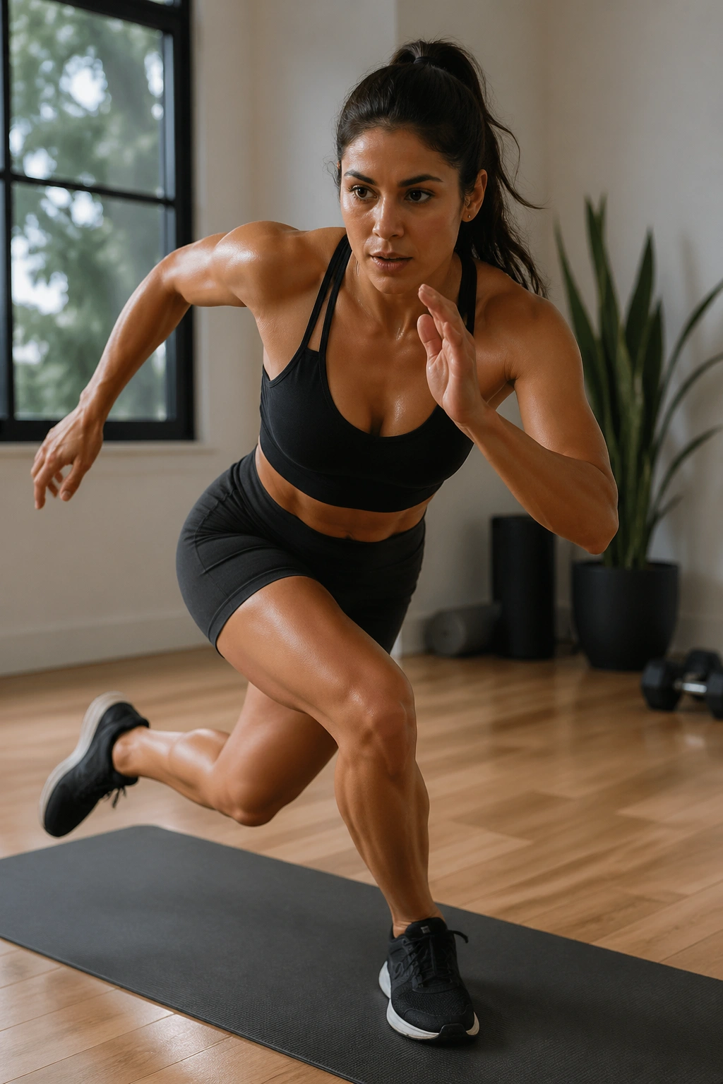 Real person performing skater hops for lateral leg power in a home workout setting