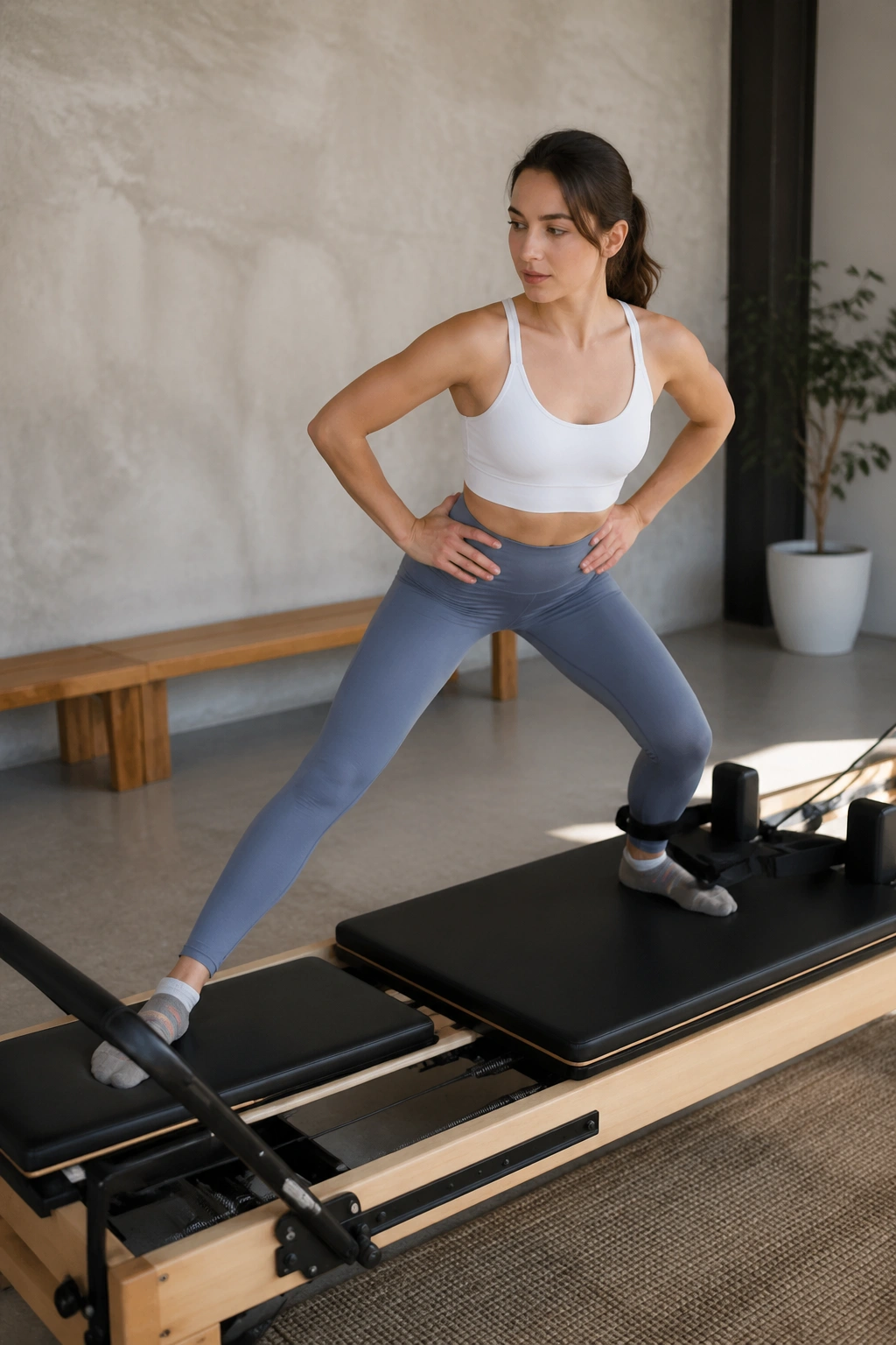Skater push-out on reformer showing diagonal push and return.