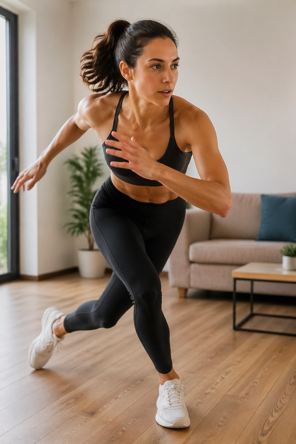 Mid-shot of a person performing skating lunges in a home setting, showing balance and core engagement.