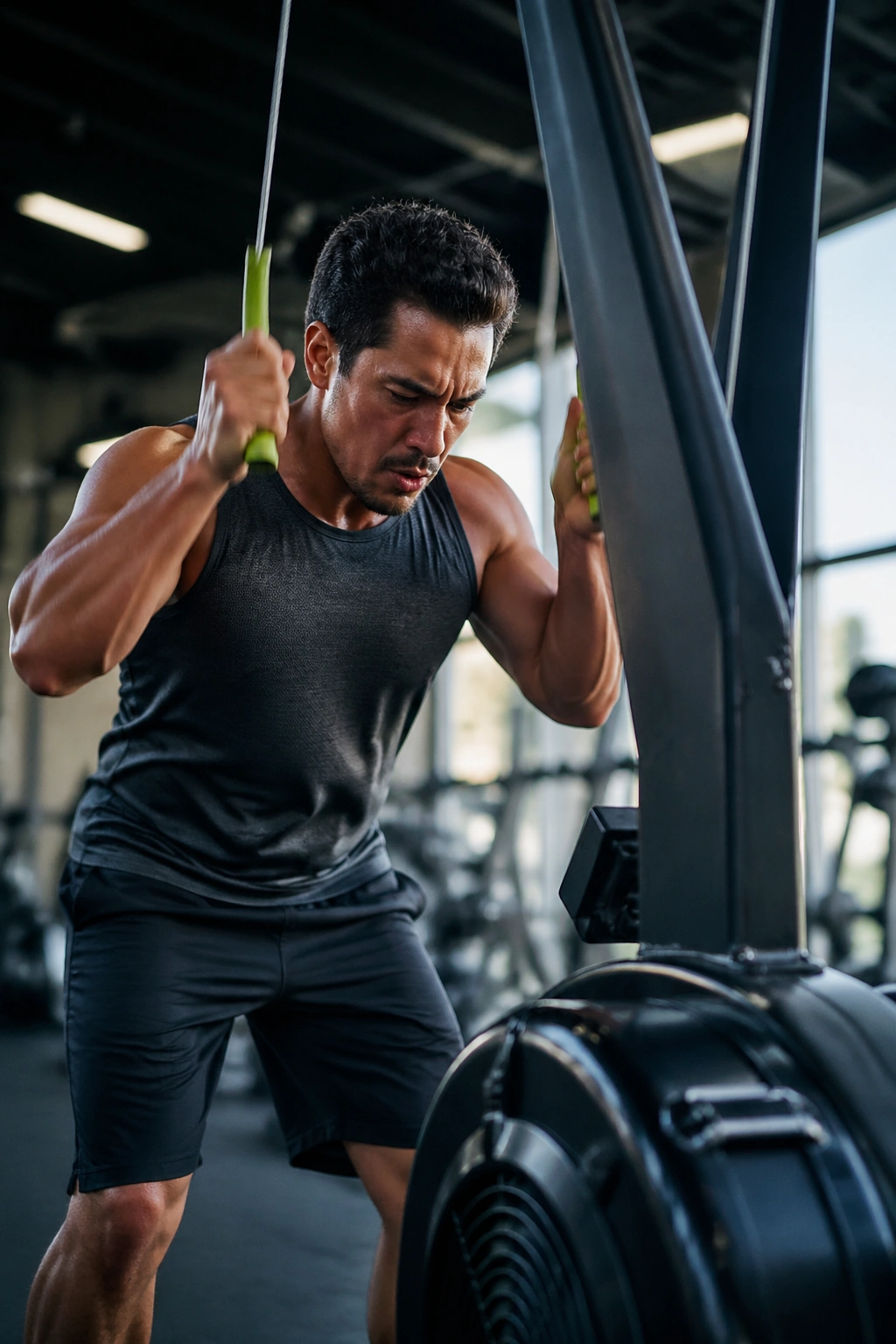 Real athlete performing SkiErg interval drill mid-pull in a gym