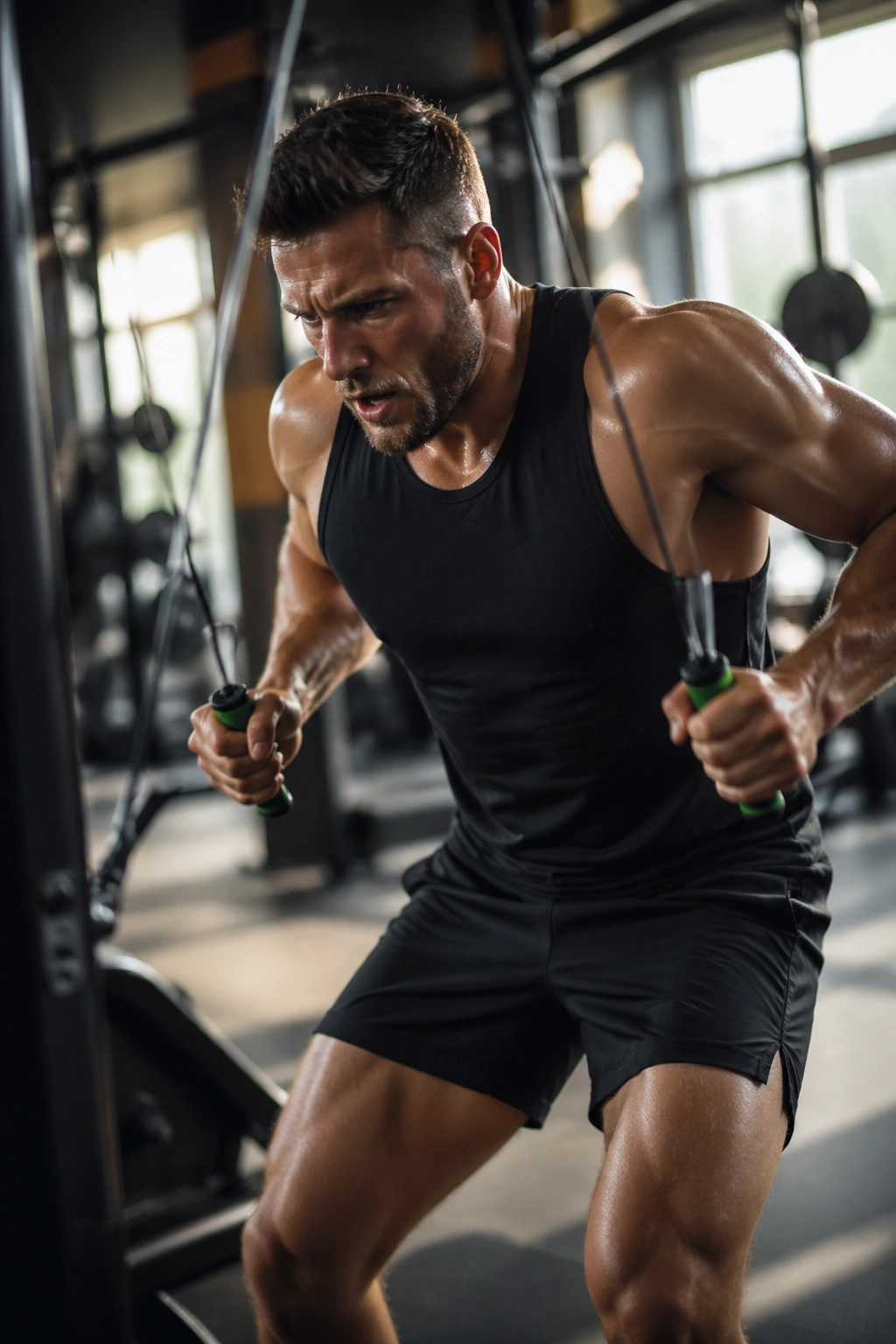 Close up of a fit person performing SkiErg power bursts in a gym