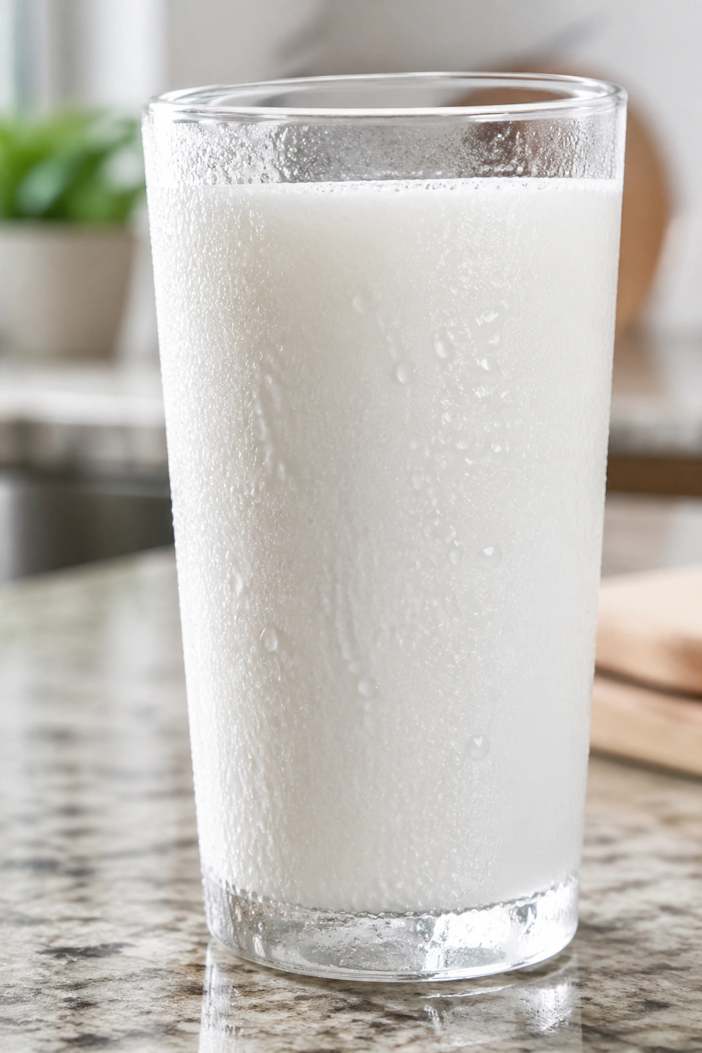 Close-up glass of cold skim milk on a kitchen counter.