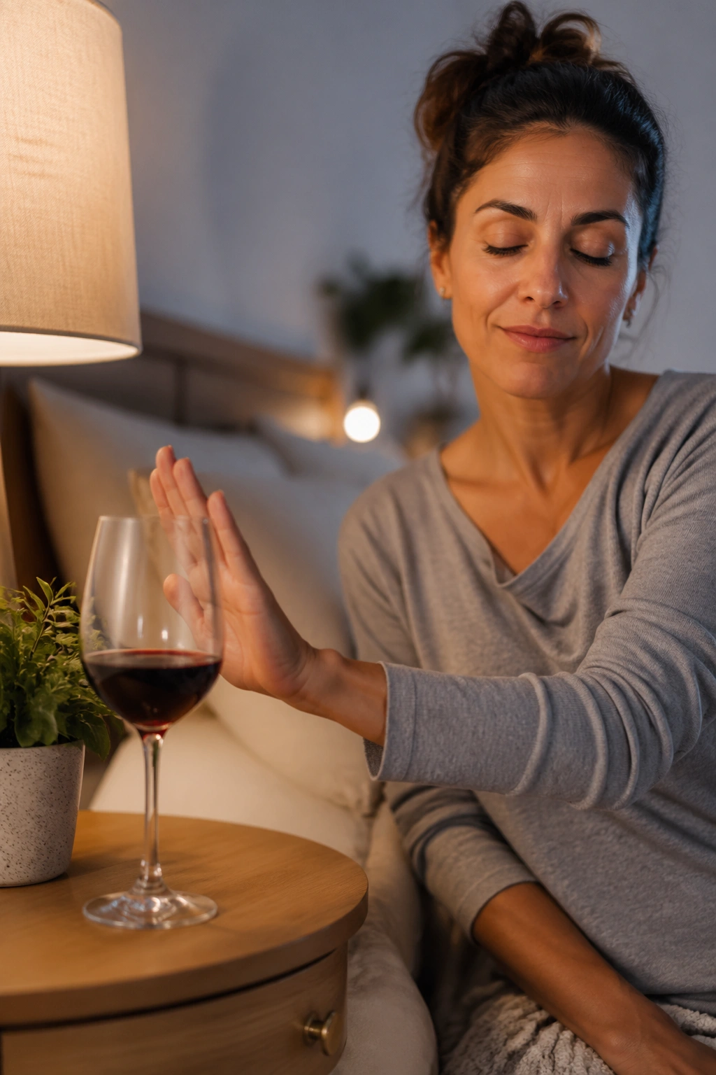 Person turning away from a wine glass at night, promoting skipping alcohol for sleep