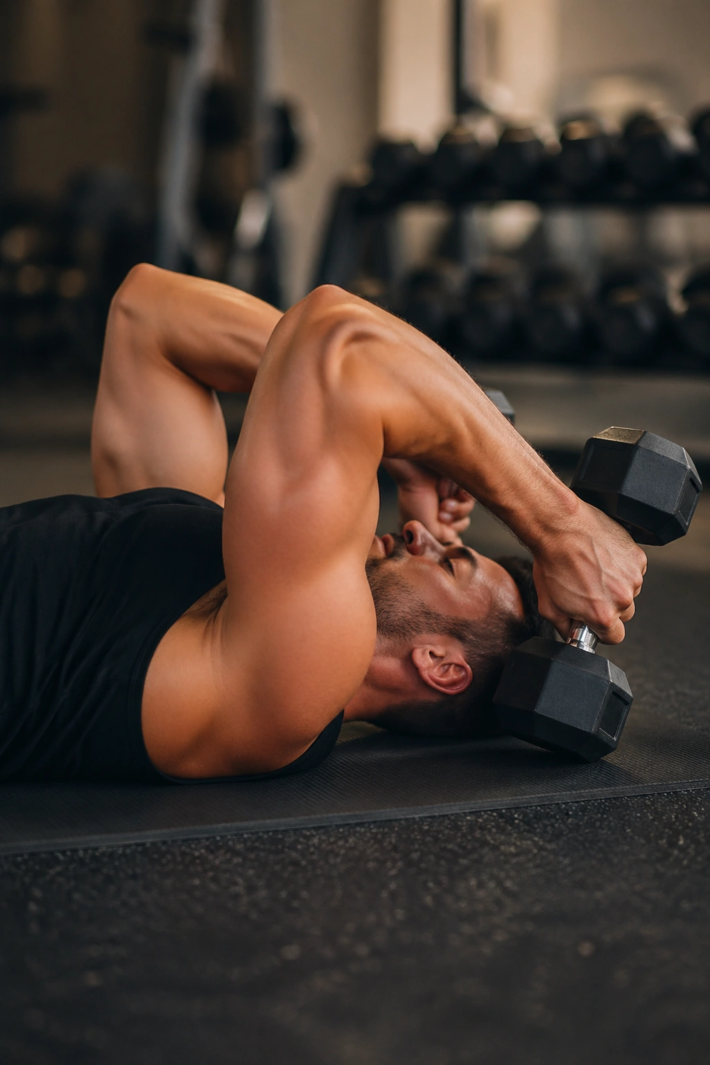 Arms extended toward the sides of the head during skull crushers on the floor