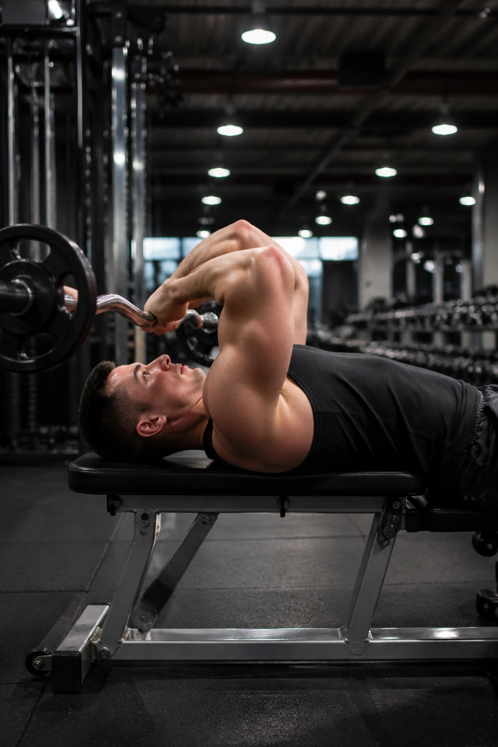 Real person performing skull crushers on a bench with elbows tucked