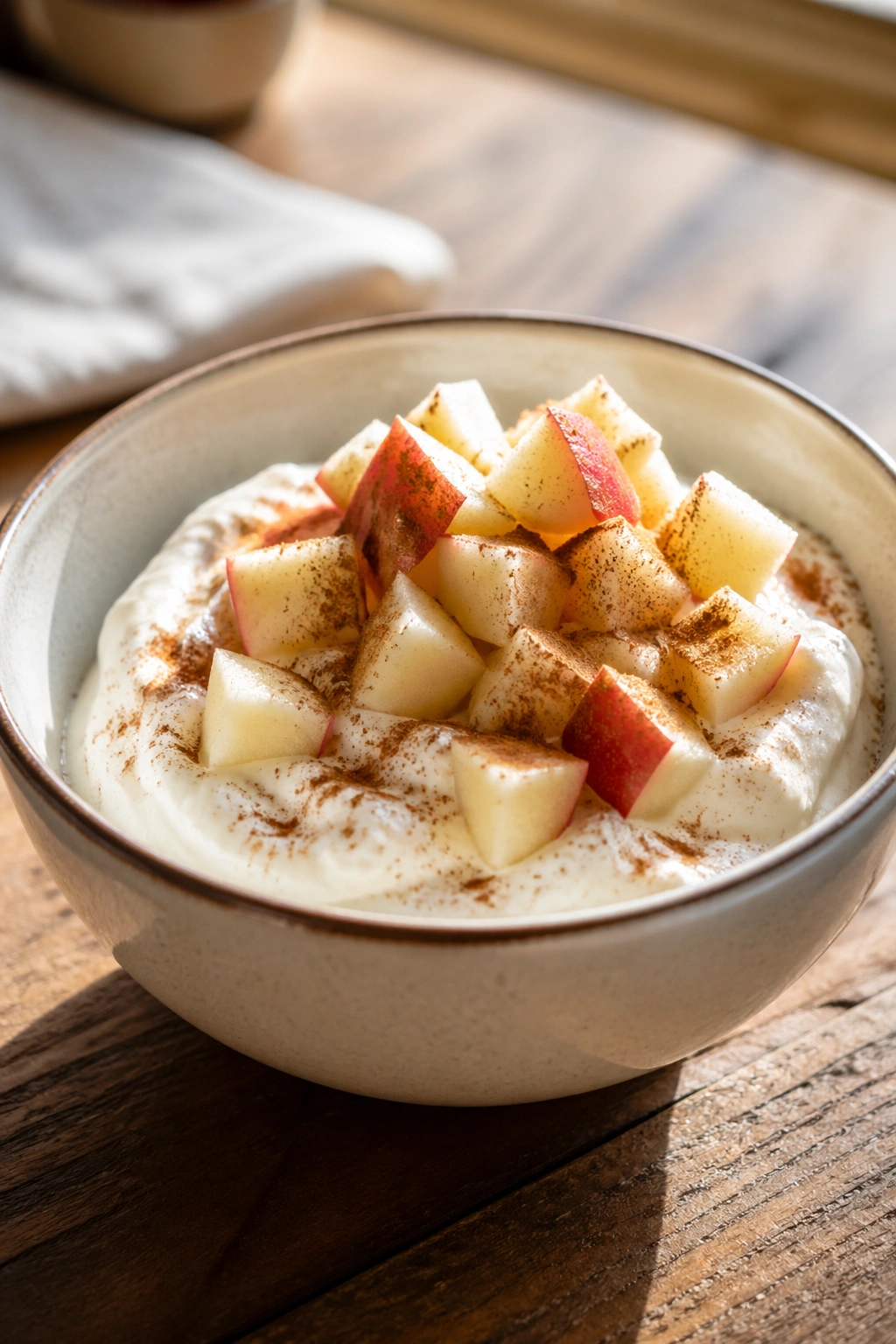 Thick skyr with diced apple and cinnamon in a rustic bowl