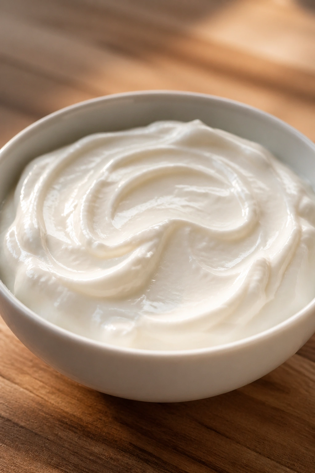 Close-up of plain skyr in a white bowl on a wooden counter during morning light