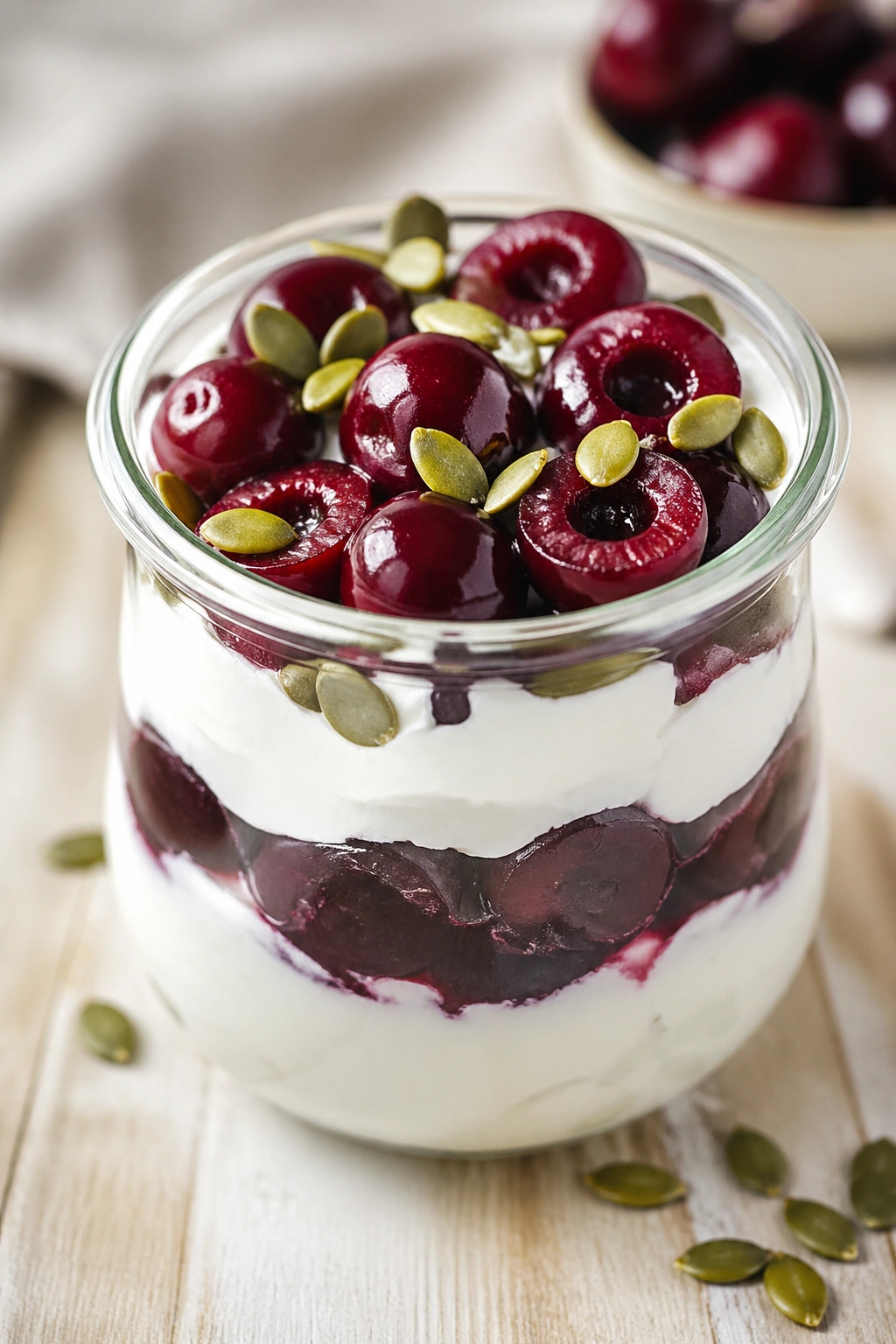 Jar of skyr parfait with cherries and pumpkin seeds