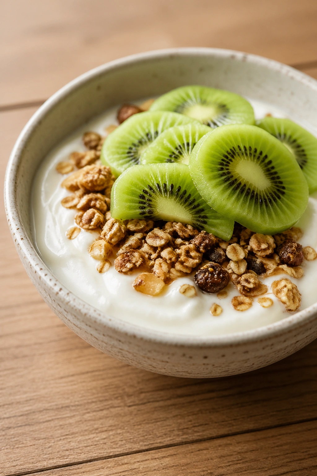 Medium close-up bowl of Skyr with granola and kiwi