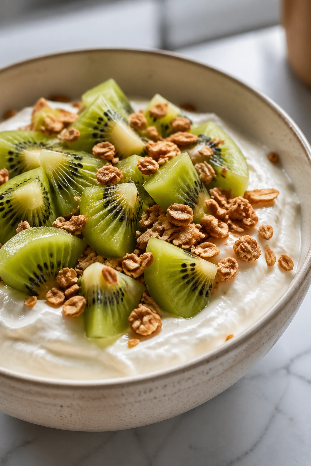 Thick skyr bowl with kiwi slices and granola on a bright kitchen counter