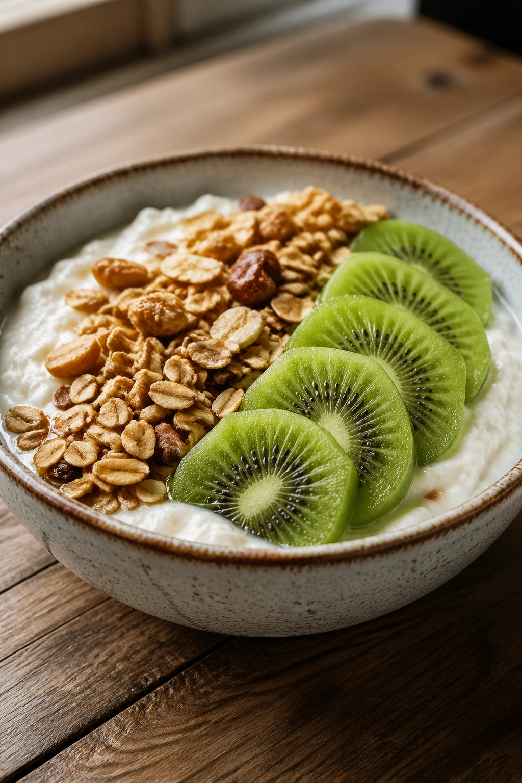 Thick skyr with granola and kiwi in a bowl
