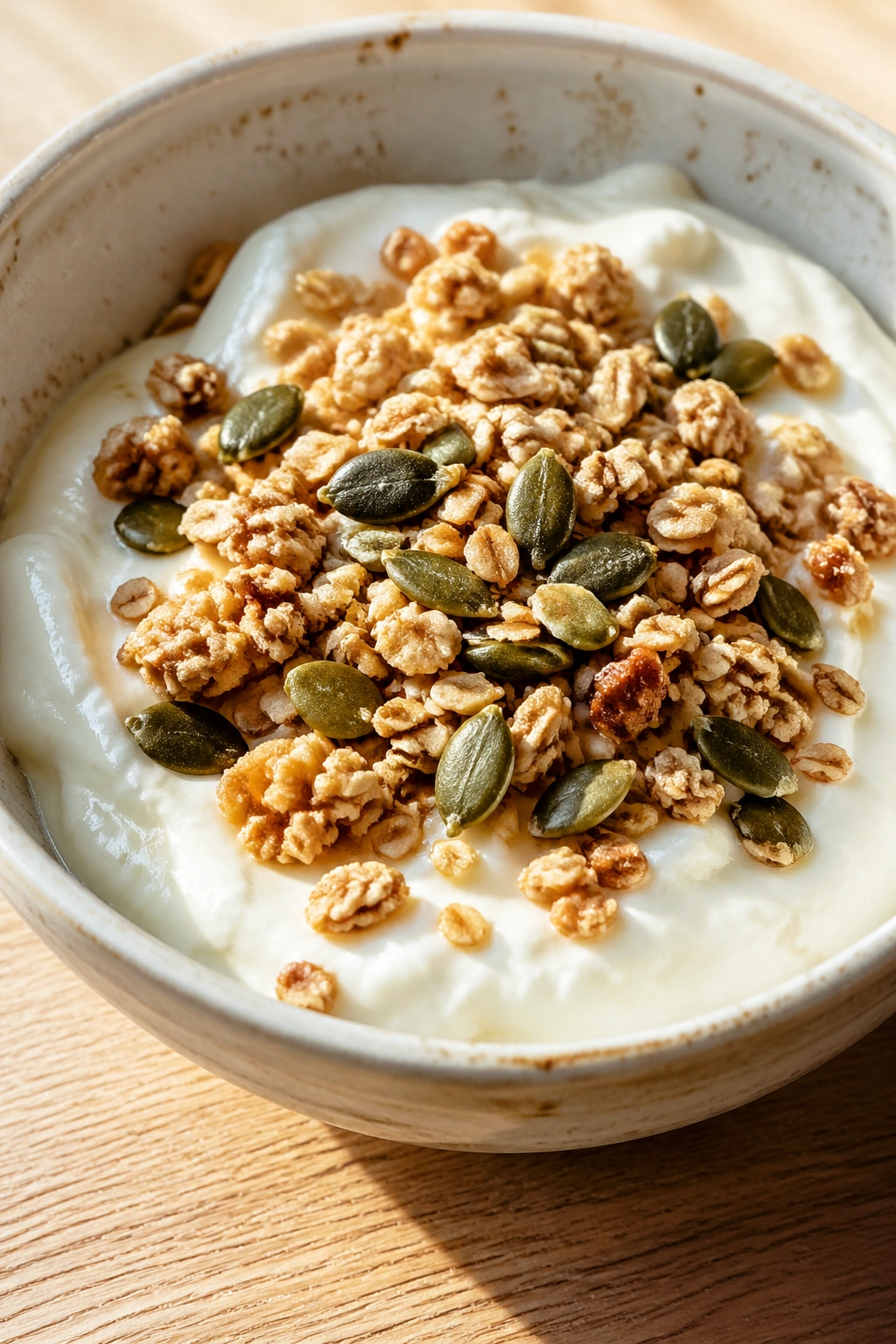 Bowl of skyr with granola and pumpkin seeds on a wooden surface