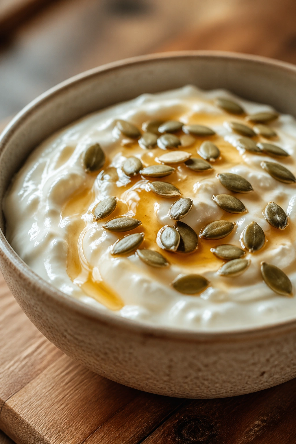Close-up of skyr bowl with honey and pumpkin seeds on a wooden table