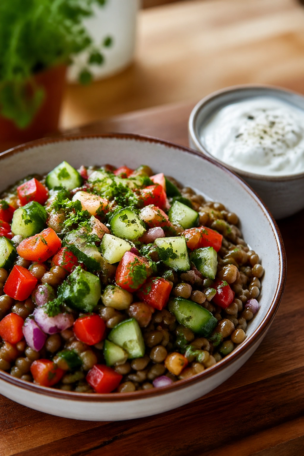 Lentil bowl with vegetables and a small cup of skyr.