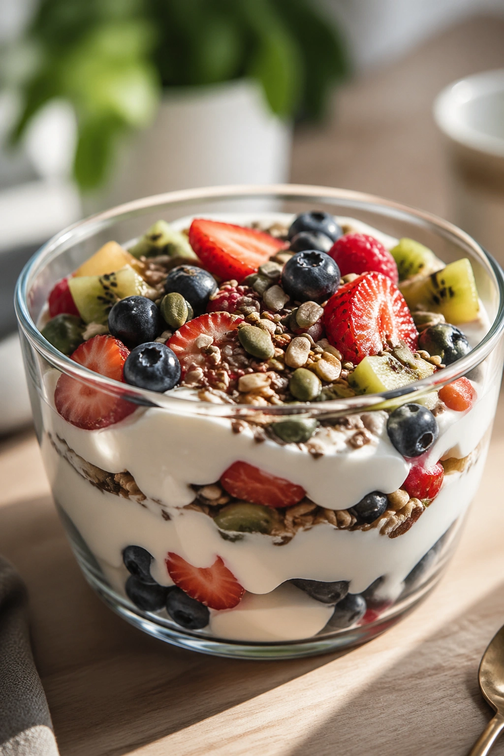 Skyr parfait with fruit and seeds in glass bowl for recovery snack