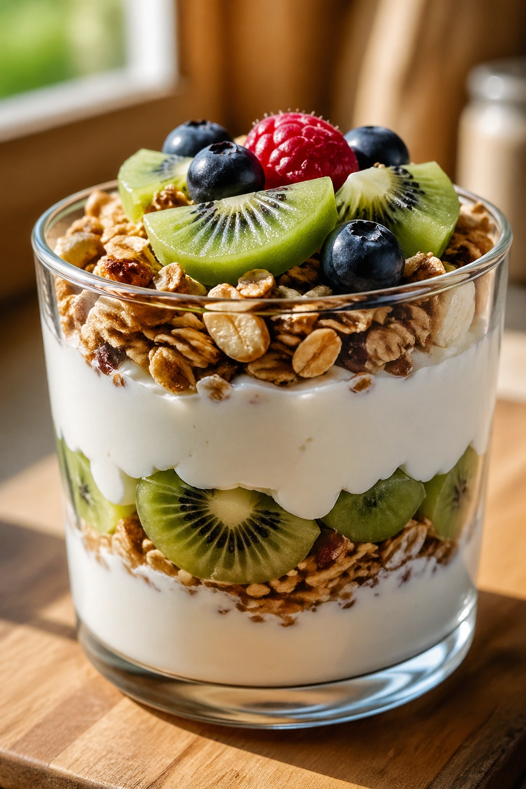 Close-up of a thick skyr parfait with granola and kiwi layers filling the frame