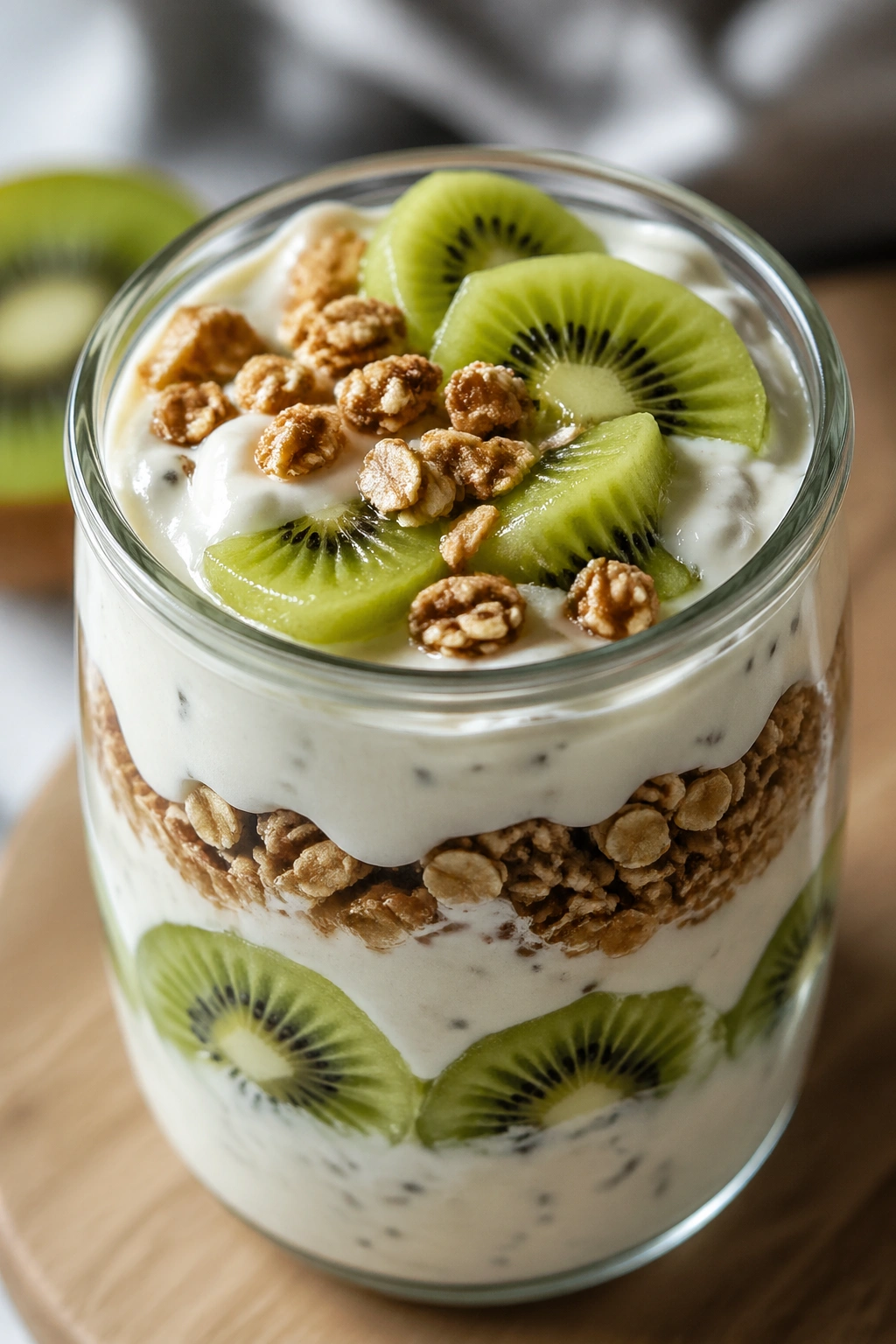 Close-up parfait with kiwi and granola in glass