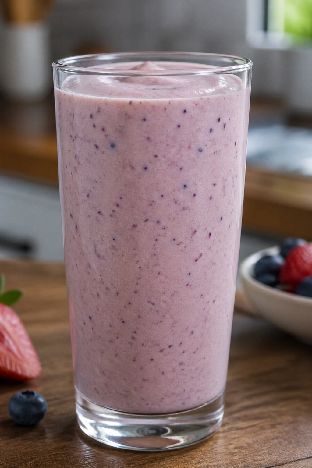 Close-up of a thick Skyr smoothie in a glass on a wooden counter