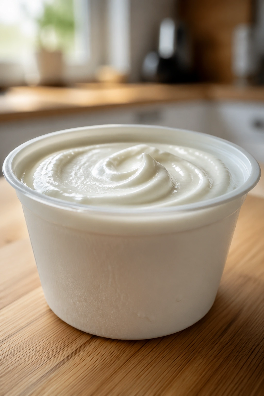 Close-up of a cup of skyr yogurt showing dense creamy texture on a kitchen counter