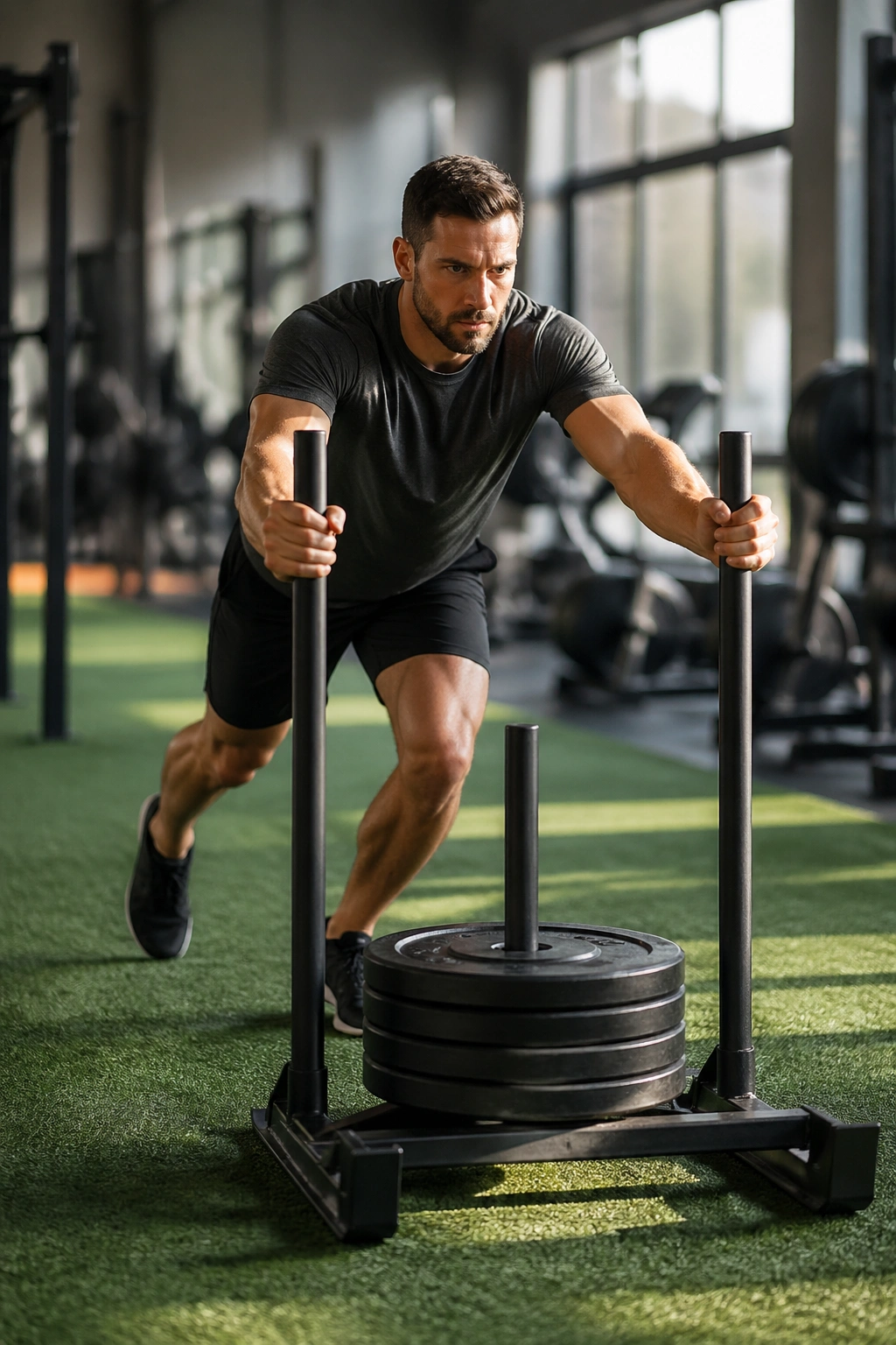 Athlete pushing a weighted sled in the gym