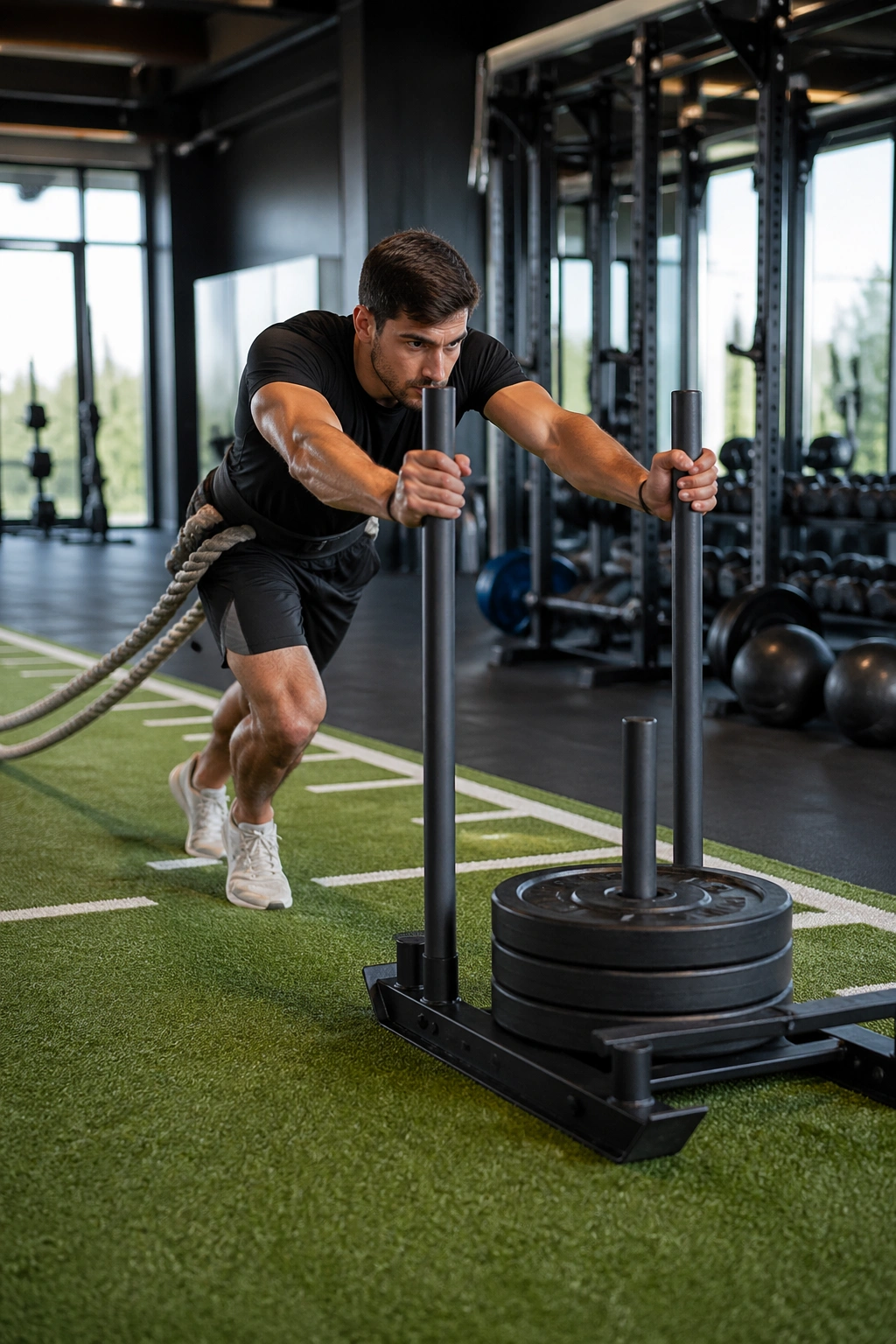 Person pushing a weighted sled on turf in a gym
