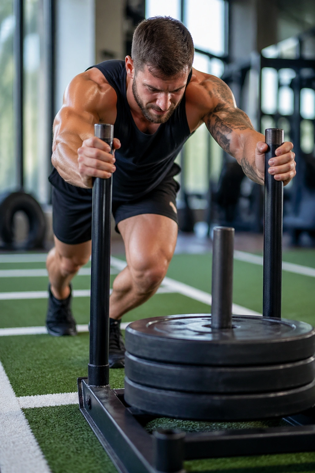 Close-up of a lifter pushing a weighted sled in a gym turf lane, emphasizing leg drive and glute engagement