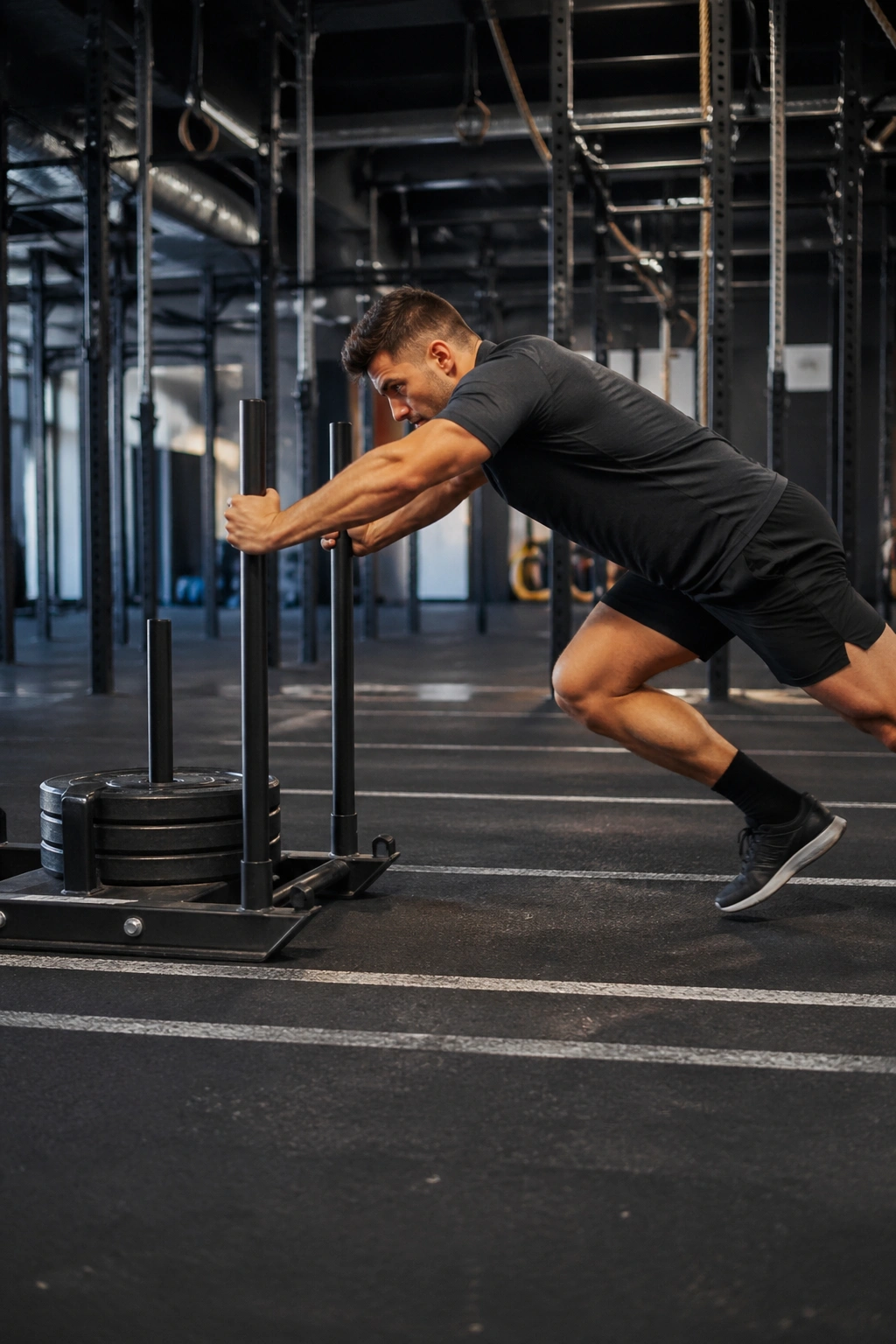 Athlete pushing a weighted sled on gym floor