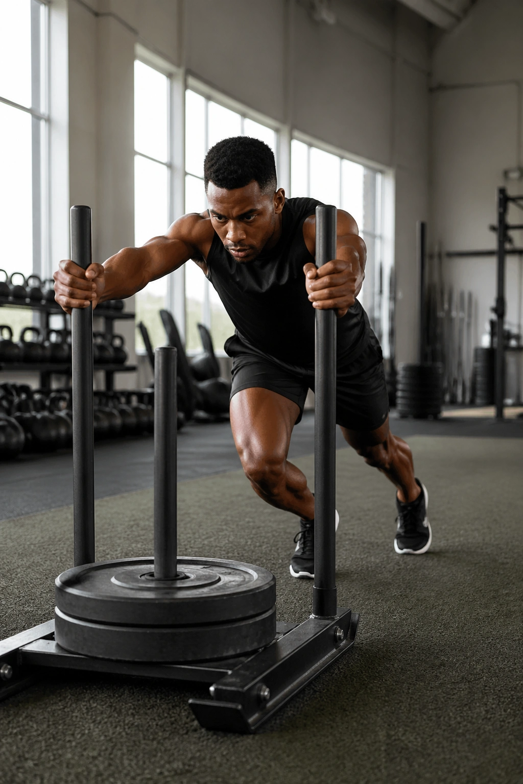 Person pushing weighted sled in gym