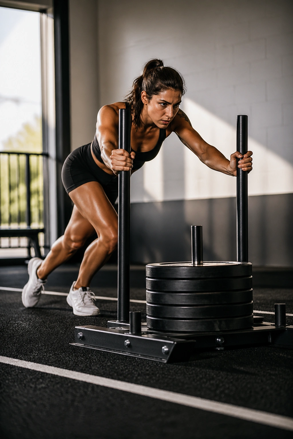 Person pushing a sled in a gym during a conditioning session