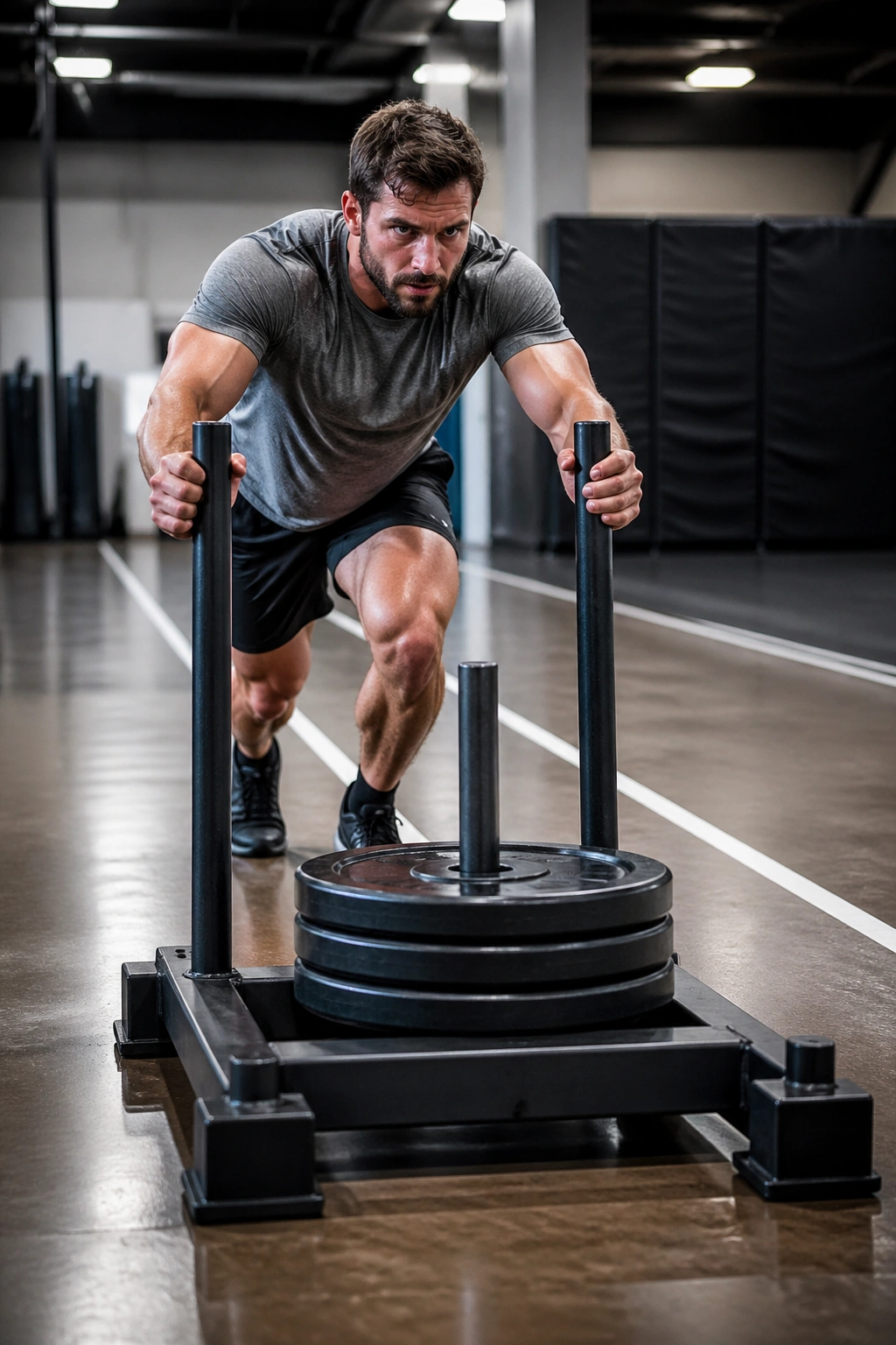 Athlete pushing a weighted sled in a gym during a high-intensity workout