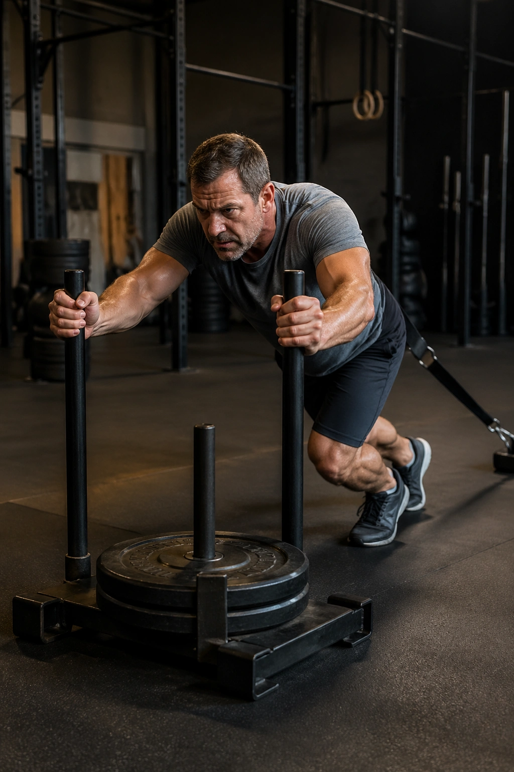 Person pushing a weighted sled in a gym