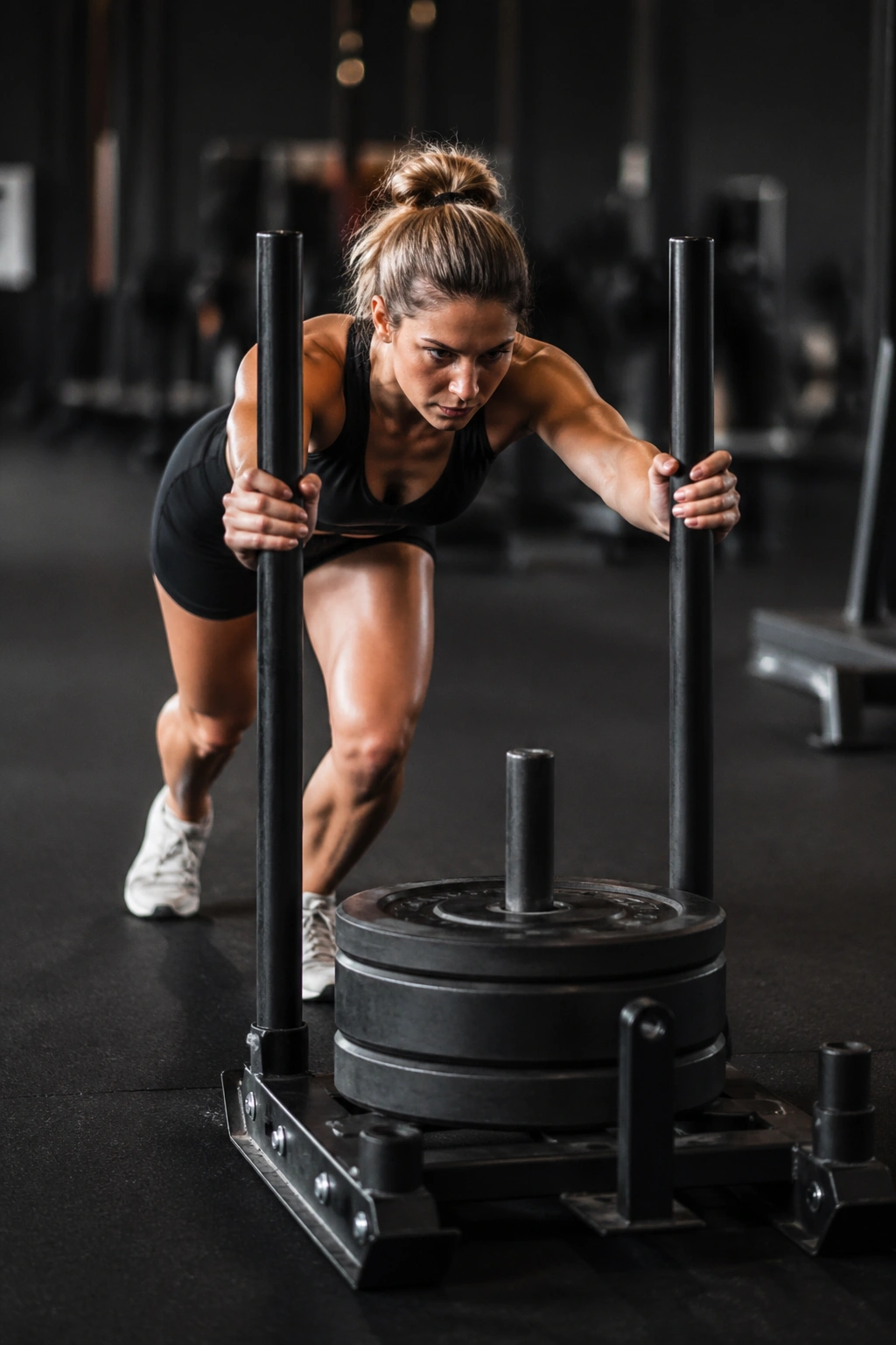 Person pushing a weighted sled in the gym.